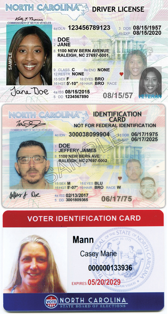 Three North Carolina identification cards that can be used for voter ID